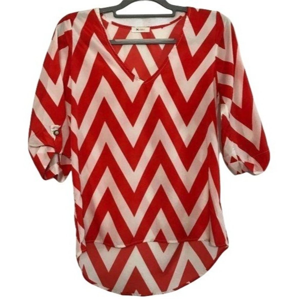 Everly‎ Women's Hi Lo Hem V-Neck Orange White Chevron Tunic Blouse Small